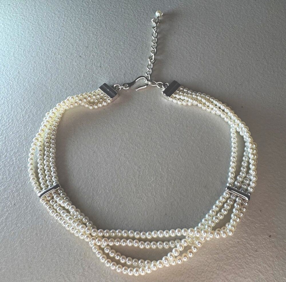carolee signed multi-strand white faux pearl necklace silver tone adjustable